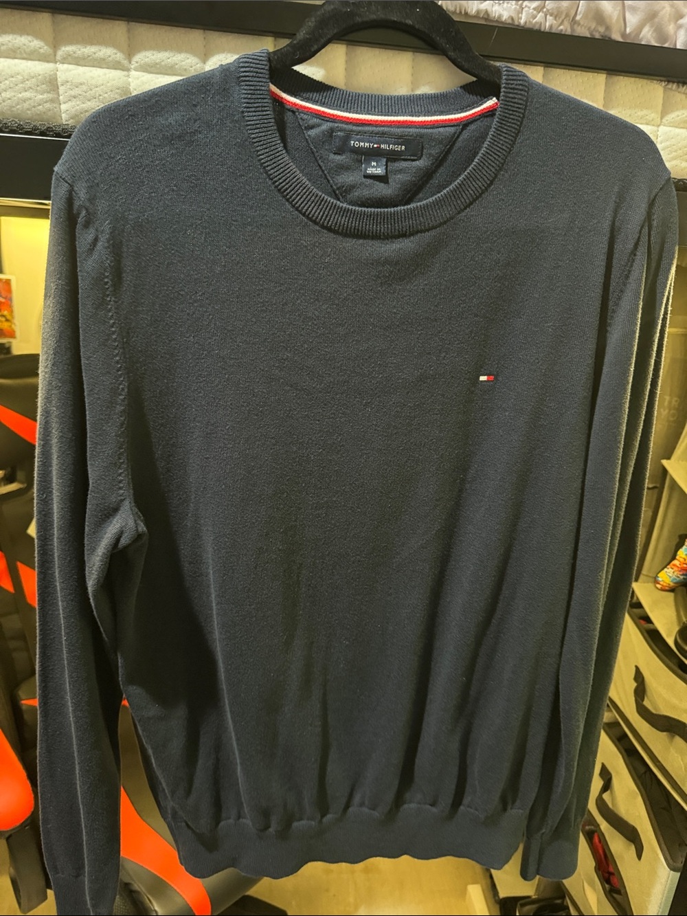 Tommy Hilfiger Men's Navy Crewneck Sweater with Flag Accent